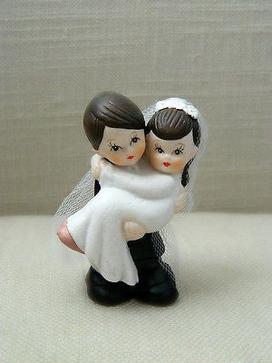 Bride and Groom Cake Topper Crossing Threshold Dark Brown Hair with Veil Vintage- Le Petit Pain