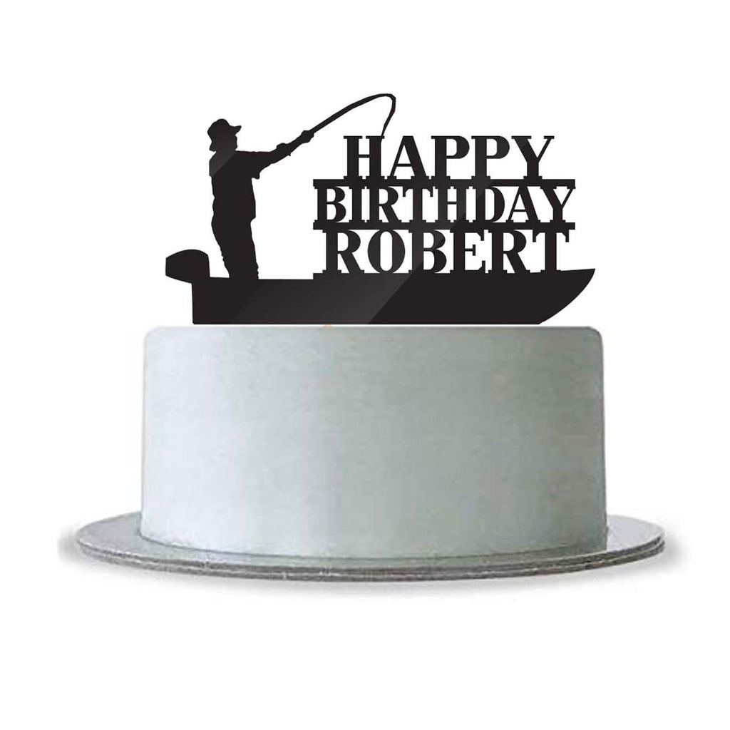 Custom Personalized Happy Birthday with Name Cake Topper Fishing Boat  Fisherman